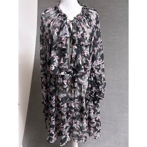 Victorias‎ Secret Robe XS/S Black Pink Floral Ruffle Sheer Wrap Romantic Chiffon